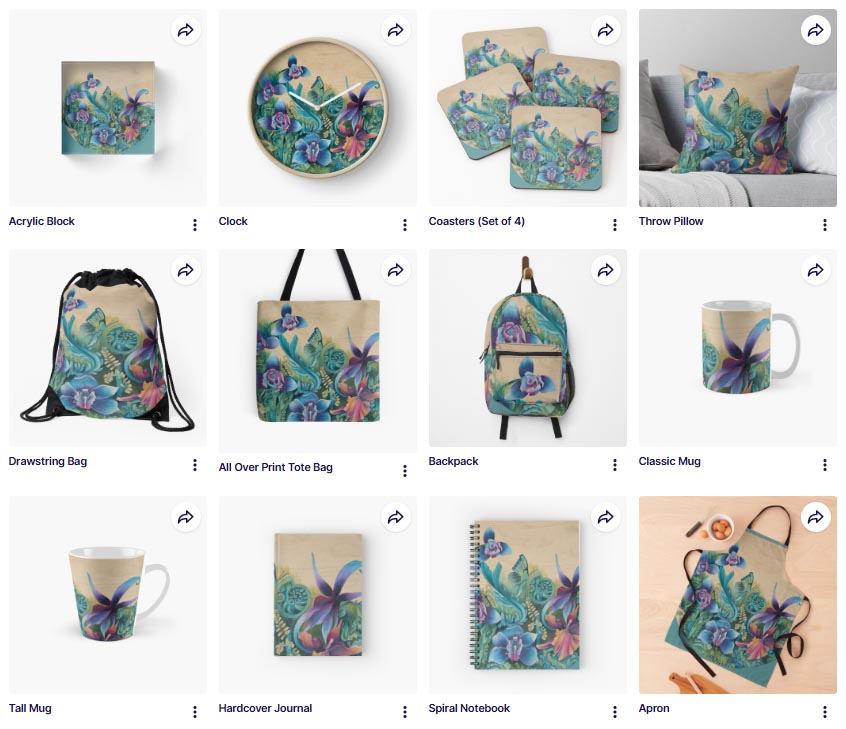 Orchid  design on clock, bags, notebooks